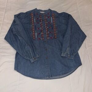 VINTAGE 90s Westbound Denim Shirt Women's M Embroidered Aztec Boho Stand Collar